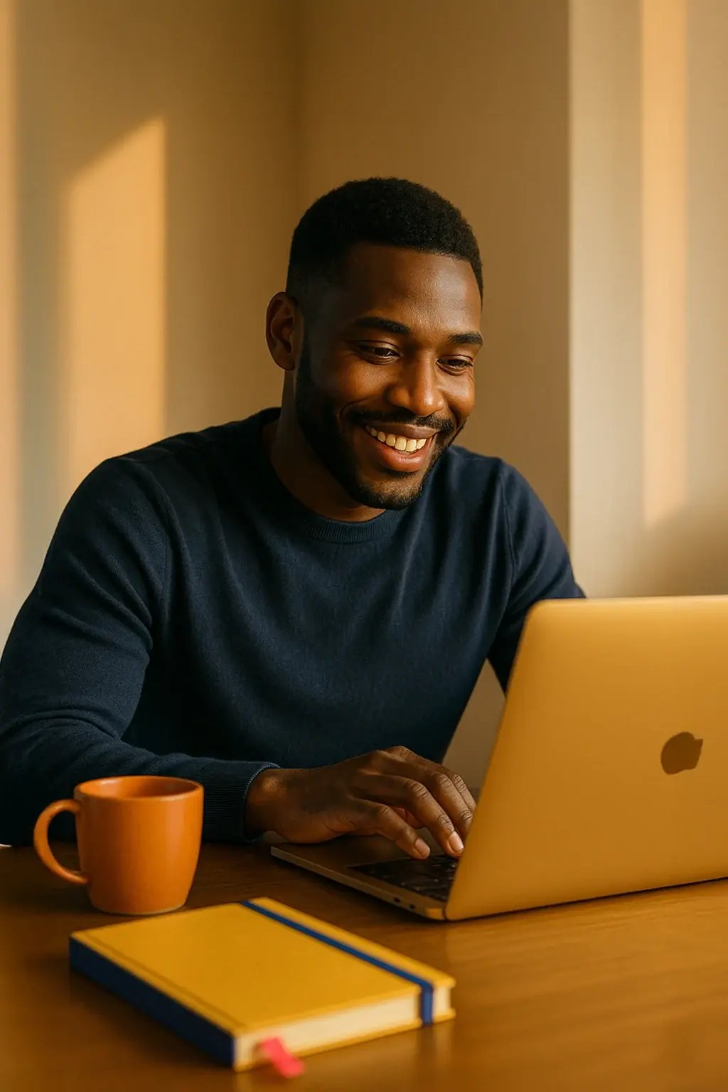 Homme souriant devant son ordinateur