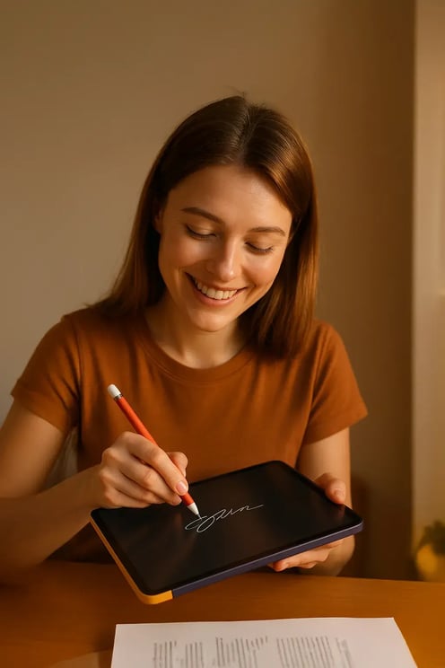 Femme signe un document numérique