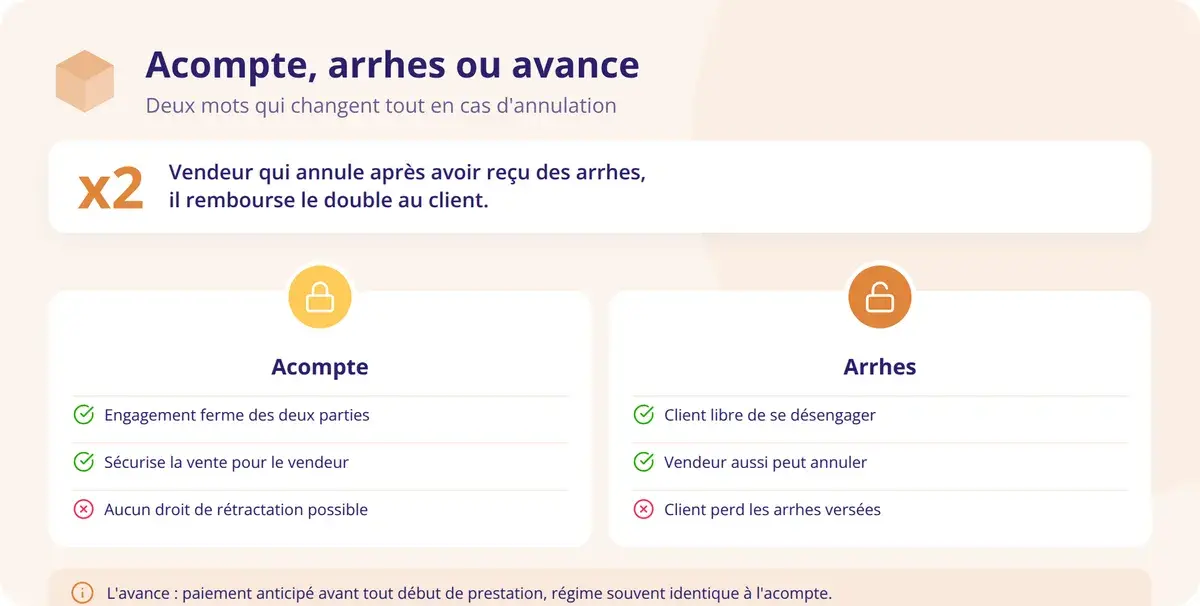 Bien distinguer acompte, arrhes et avance